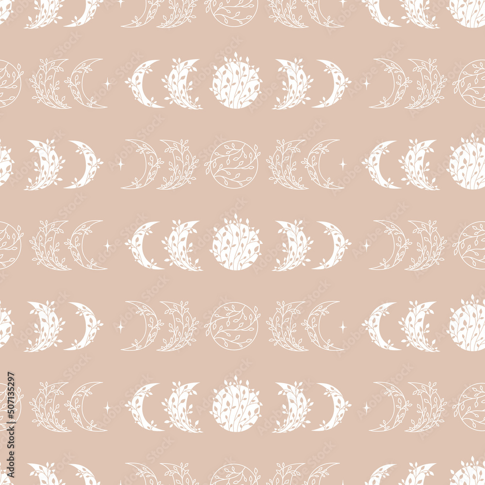 Seamless pattern of moon phases with floral elements. Seamless pattern of moon phases with floral elements.