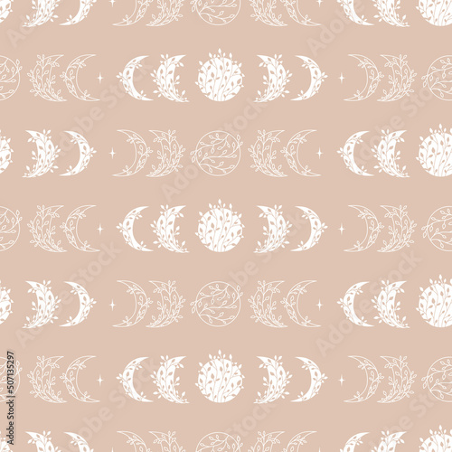 Seamless pattern of moon phases with floral elements.