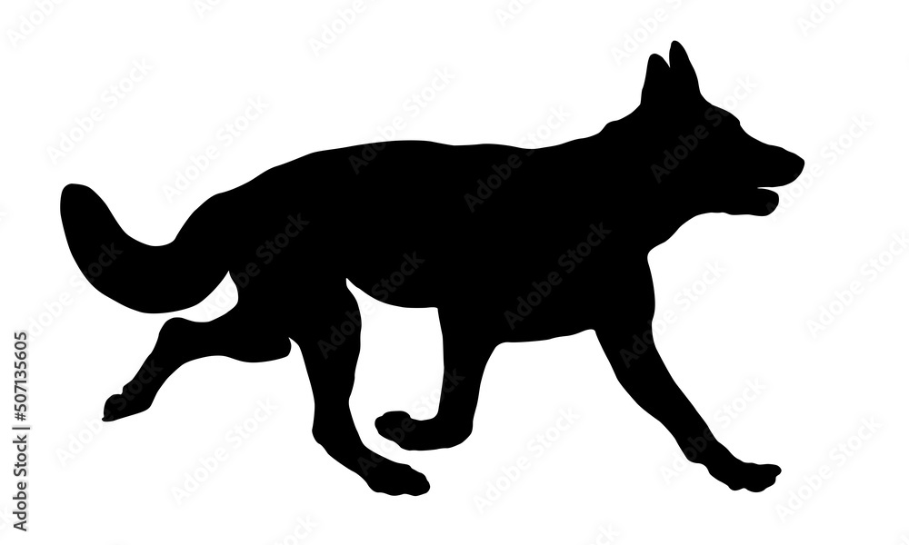 Running german shepherd dog puppy. Black dog silhouette. Pet animals. Isolated on a white background. Vector illustration.