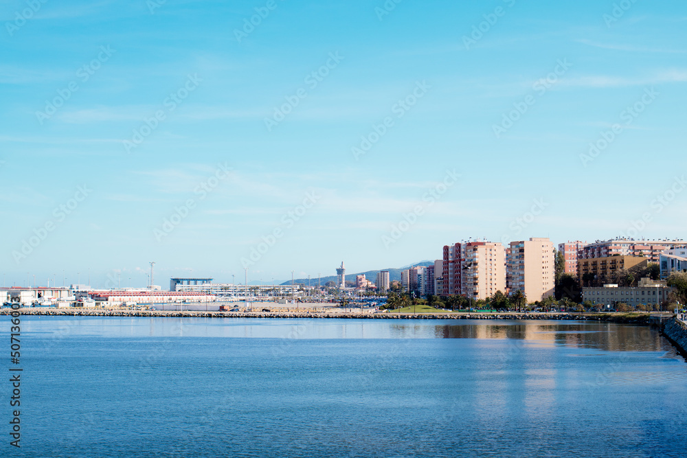 panoramic view of the promenade of algeciras on a sunny summer day and the blue sea