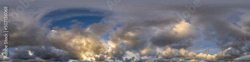 Dramatic sunset sky panorama with Cumulus clouds. Seamless hdr 360 pano in spherical equirectangular format. Complete zenith for 3D visualization, game and sky replacement for aerial drone panoramas