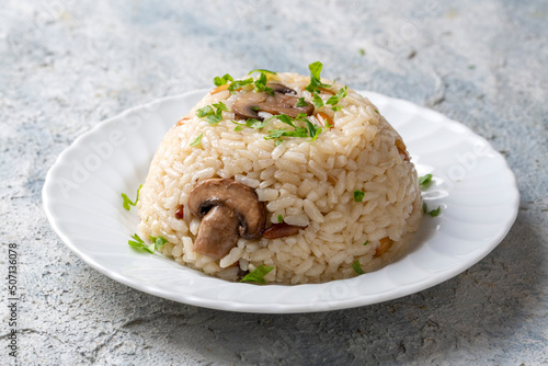 Mushroom rice pilaf, Turkish name; Mantarli pirinc pilavi. photo