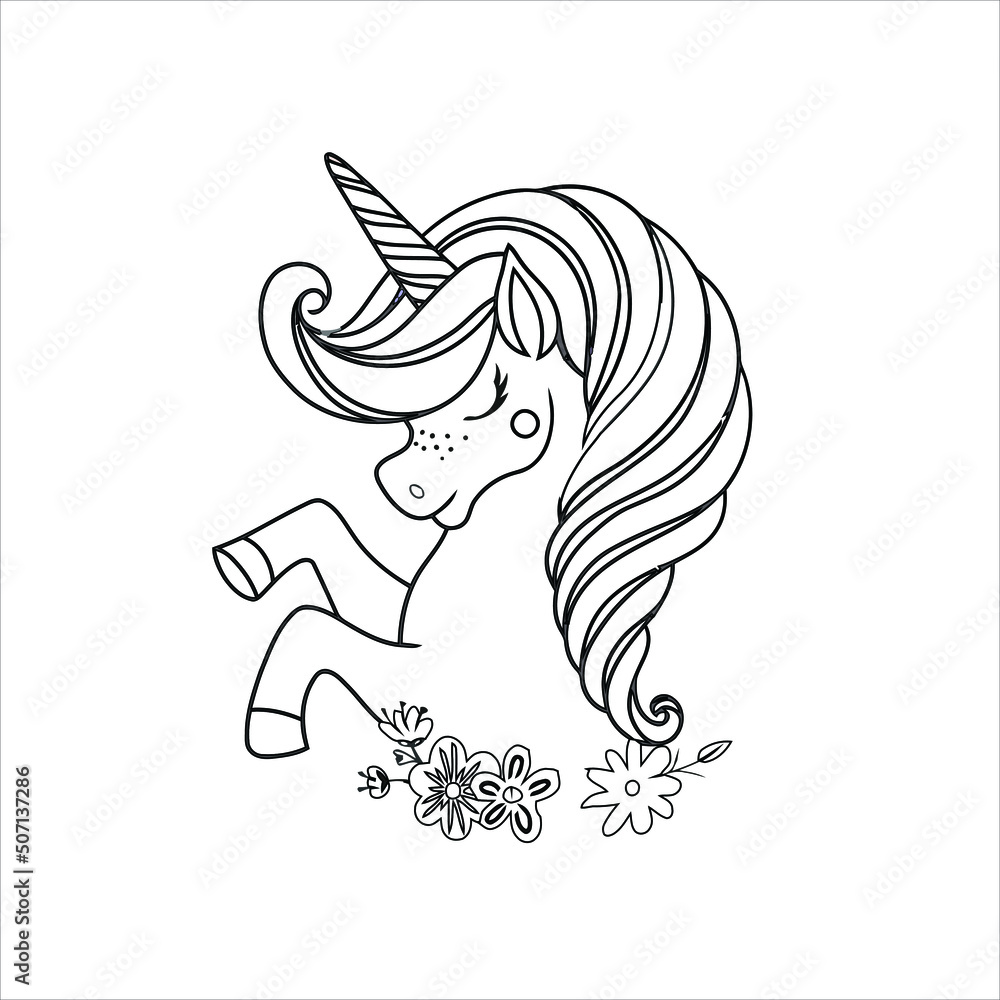 Cute unicorn coloring page | Black and white vector illustration for ...