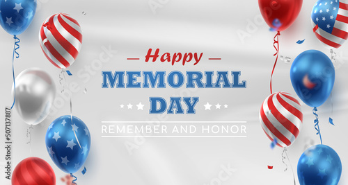 Banner with realistic balloons in American, USA color and ribbons, serpentine, confetti, stars. Happy Memorial Day. Vector illustration for card, party, flyer, poster, banner, web, advertising. 