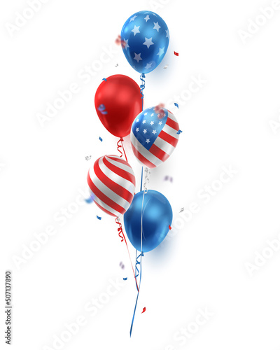Bouquet, bunch of realistic balloons in American, USA color and ribbons, serpentine, confetti. Vector illustration for card, party, design, flyer, poster, banner, web, advertising. 