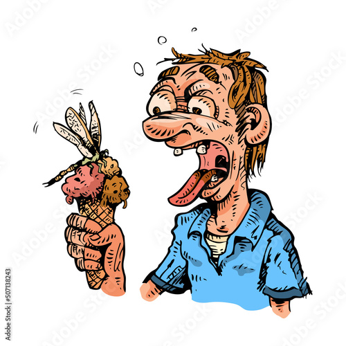A man disgusted : ice cream with dragonfly	