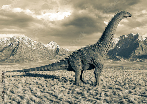 alamosaurus is standing up in the plains and mountains side view