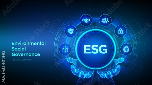 ESG. Environmental Social Governance concept in wireframe hands. Future environmental conservation and ESG modernization development. Business strategy investing concept. Vector illustration.