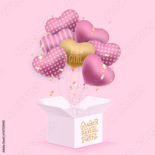 It's a girl concept. 3d Pink Balloons flying out of the open gift box. Rose helium flying baloons on pink background. Vector surprise design for Gender reveal party