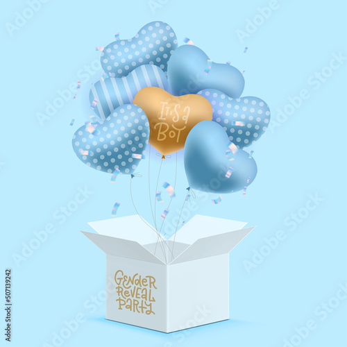 3d Illustration of a Gender Reveal Party Using a White Box Filled with Blue Balloons and lettering It's a boy. Vector realistic design