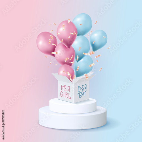 Bouquet, bunch of 3d realistic pink and blue balloons flying out of the white box with text It's a boy. Vector illustration for card, gender reveal party, design, flyer, poster, decor, banner, web
