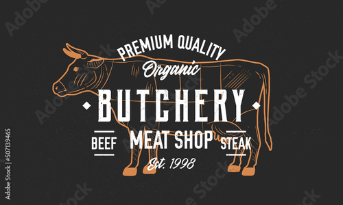 Butcher meat shop logo, poster. Butchery logo with engraved cow. Vintage poster for meat shop, restaurant, bbq. Vector logo template.