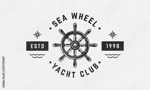Sea Wheel logo, poster. Sea logo with ship wheel. Nautical, Marine poster, emblem template. Print for t-shirt. Vector illustration.