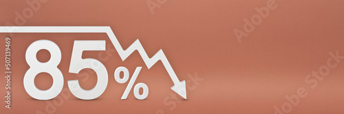 eighty-five percent, the arrow on the graph is pointing down. Stock market crash, bear market, inflation.Economic collapse, collapse of stocks.3d banner,85 percent discount sign on a red background. photo