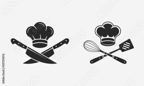 Chef logo set. Cooking vintage logo with chef's hat knives, whisk and spatula icons. Cooking Classes template logo. Label, badge for food studio, cooking courses, culinary school. Vector illustration