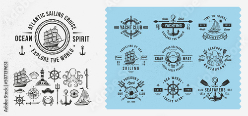 Vector vintage Nautical, Sea logo set. Set of 10 Nautical logo templates and 16 design elements for logo design. Ship, Sailing, Yachting, Seafood restaurant emblems. Trendy vintage hipster design.