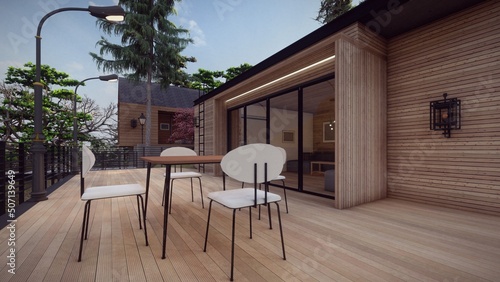 lounge at Modern wooden house on the wood deck 3d illustration © Arasye