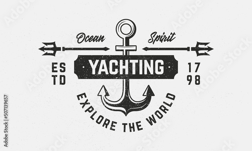 Yachting vintage logo, poster. Sea logo with anchor and tridents. Nautical, Marine poster, emblem template. Print for t-shirt. Vector illustration.