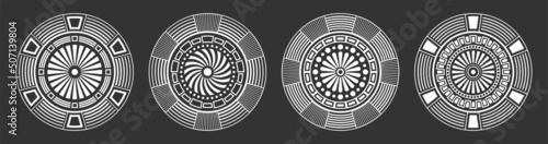 Set of four abstract circular ornaments. Decorative patterns isolated on black background. Tribal ethnic motifs. Stylized sun symbols. Stencil tattoo and prints Vector monochrome illustration.