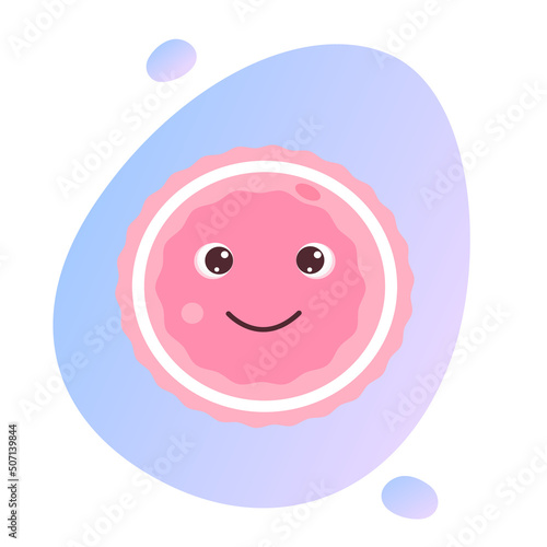 Oocyte with eyes and a smiling mouth on a gradient abstract background. Cartoon egg, concept of donation, charity, motherhood