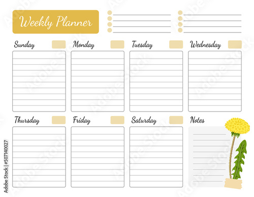 Weekly planner with floral design. Schedule decorated with yellow dandelion flower. Calendar, organizer, to do list. Vector printable template starting with sunday, a4 size. photo