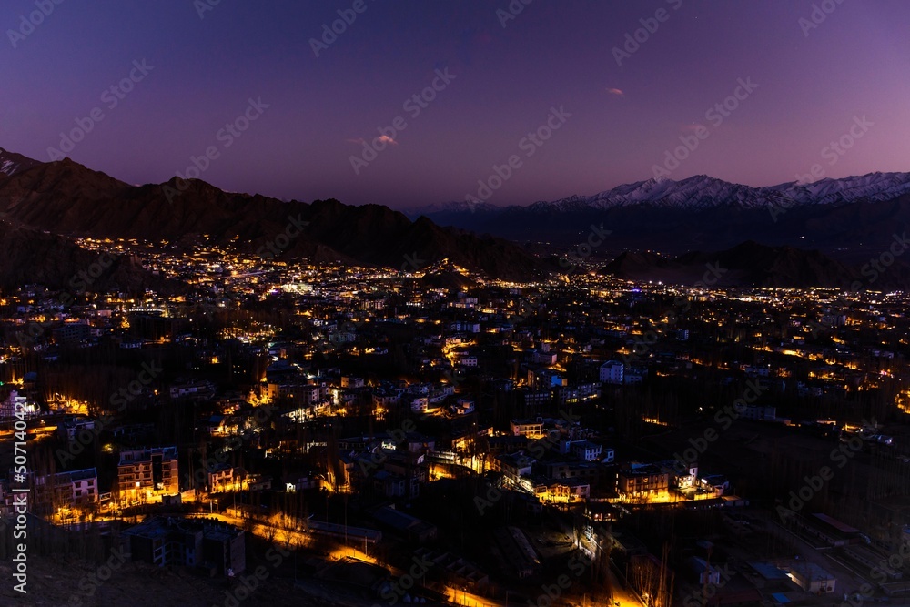 Fototapeta premium Beautiful view of evening at Leh city from shanti stupa in Leh Ladakh, India