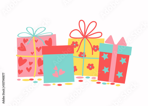 Gifts in boxes. Doodle drawings. Festive decor. Bright colored packaging with gifts for Birthday   holidays. Vector illustration.