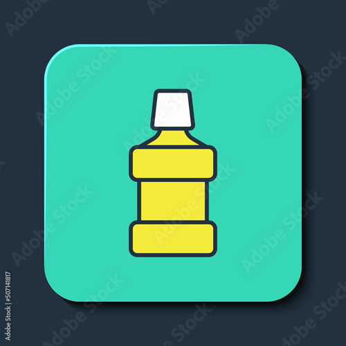 Filled outline Mouthwash plastic bottle icon isolated on blue background. Liquid for rinsing mouth. Oralcare equipment. Turquoise square button. Vector