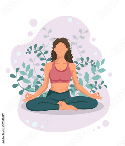Woman meditating and relaxing in nature. Peaceful person practicing yoga, spiritual meditation in zen lotus pose. Harmony and peace concept. Flat vector illustration isolated on white background