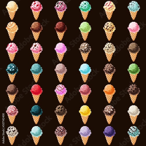 Ice cream cone pixel art set. Vector illustration.