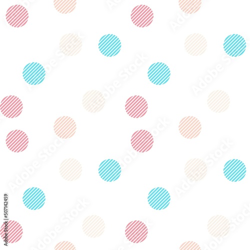 Blue, pink, and cream pastel straight line circle, random seamless pattern on the white background. Vector illustration.