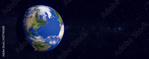 Panoramic view of the earth and galaxy. Blue planet. The World Globe from Space. Showing North America and South America. 3D rendering illustration. Elements of this image furnished by NASA. © Tee11
