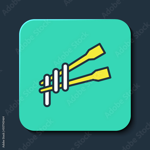 Filled outline Food chopsticks with noodles icon isolated on blue background. Wooden Korean sticks for Asian dishes. Oriental utensils. Turquoise square button. Vector