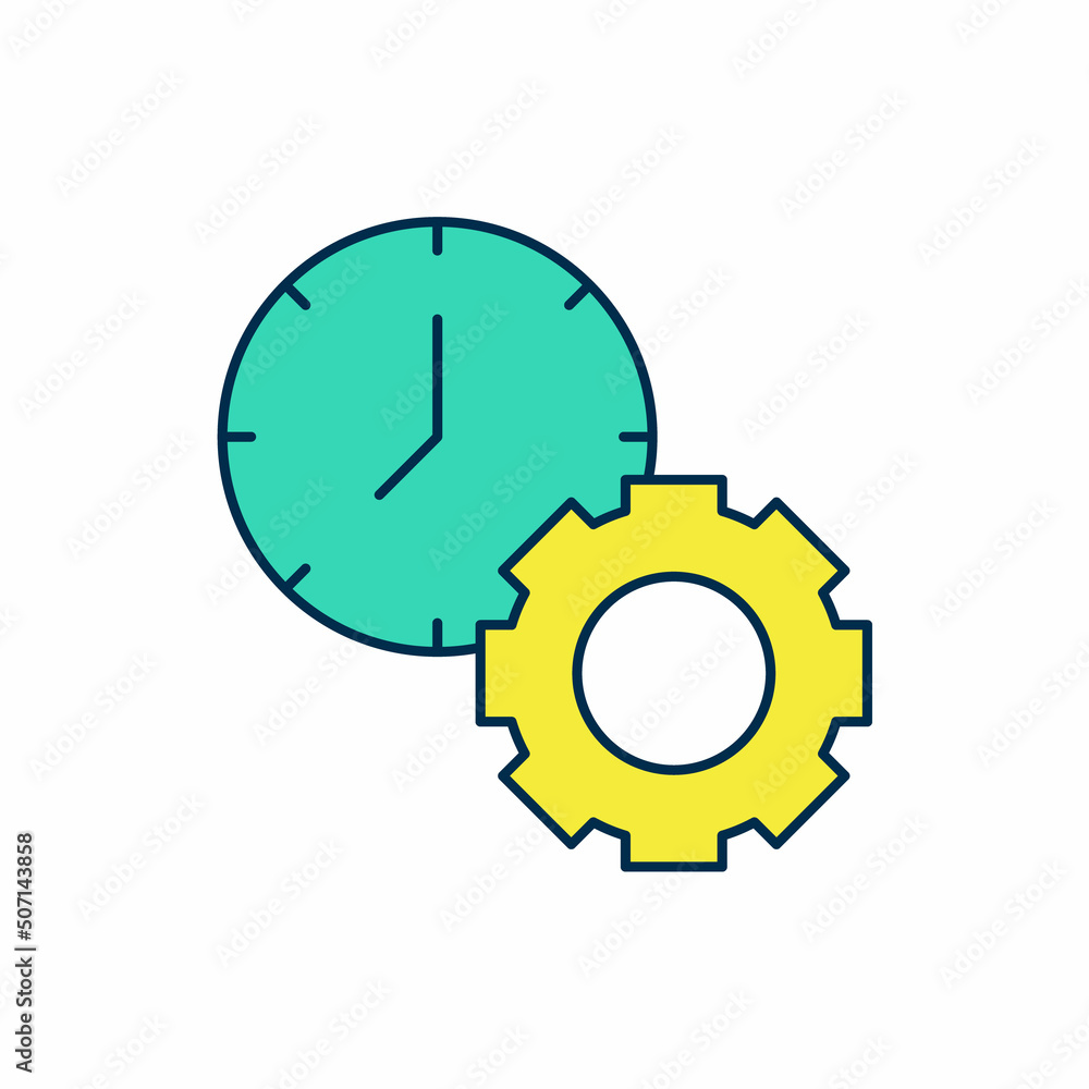 Filled outline Time management icon isolated on white background. Clock and gear sign. Productivity symbol. Vector Filled outline Time management icon isolated on white background. Clock and gear sign. Productivity symbol. Vector
