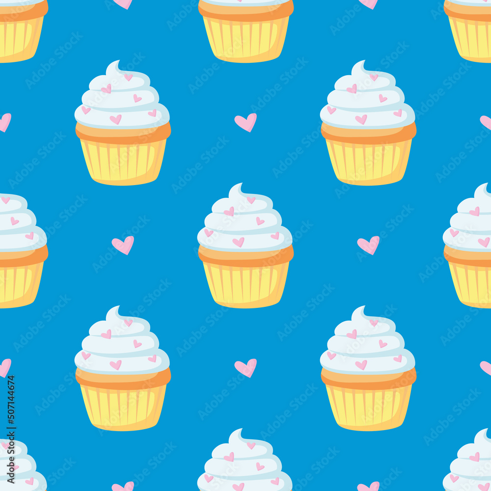Seamless pattern of cute cupcake with blue creame, pink hearts in cupcake paper. Cream pastries with powder. Cute sugar desserts. Bakery shop, sweet products, cooking. Hand drawn flat vector cupcake. Seamless pattern of cute cupcake with blue creame, pink hearts in cupcake paper. Cream pastries with powder. Cute sugar desserts. Bakery shop, sweet products, cooking. Hand drawn flat vector cupcake.