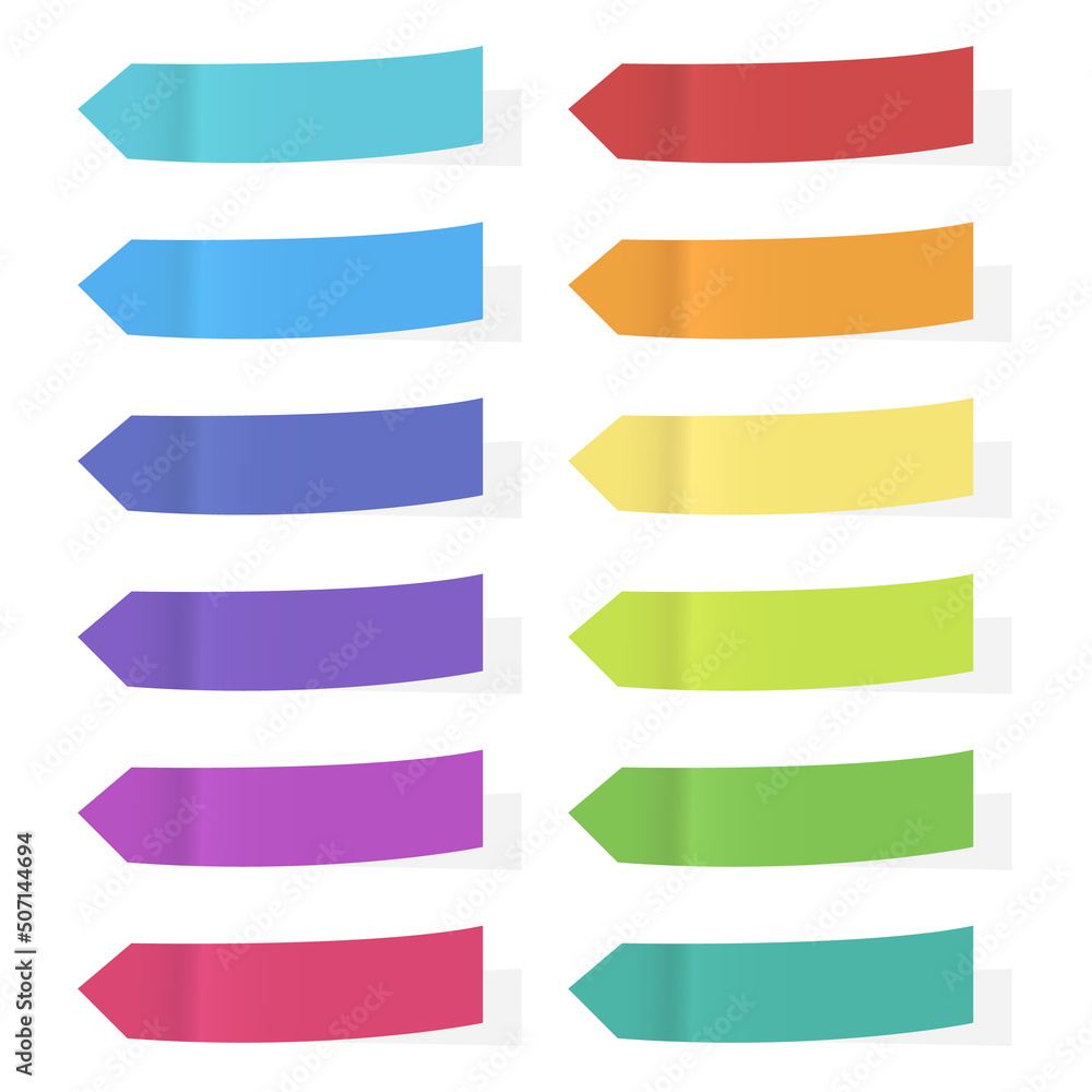 Sticky notes. Arrow tabs with shadow. Place stickers for notes. Multicolored sheets of sticky paper. Vector graphic. Sticky notes. Arrow tabs with shadow. Place stickers for notes. Multicolored sheets of sticky paper. Vector graphic.