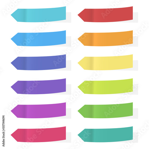 Sticky notes. Arrow tabs with shadow. Place stickers for notes. Multicolored sheets of sticky paper. Vector graphic.