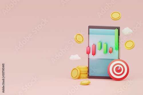 Smartphone and growth Stock exchange coin information investment. trader concept on soft red background 3d rendering.