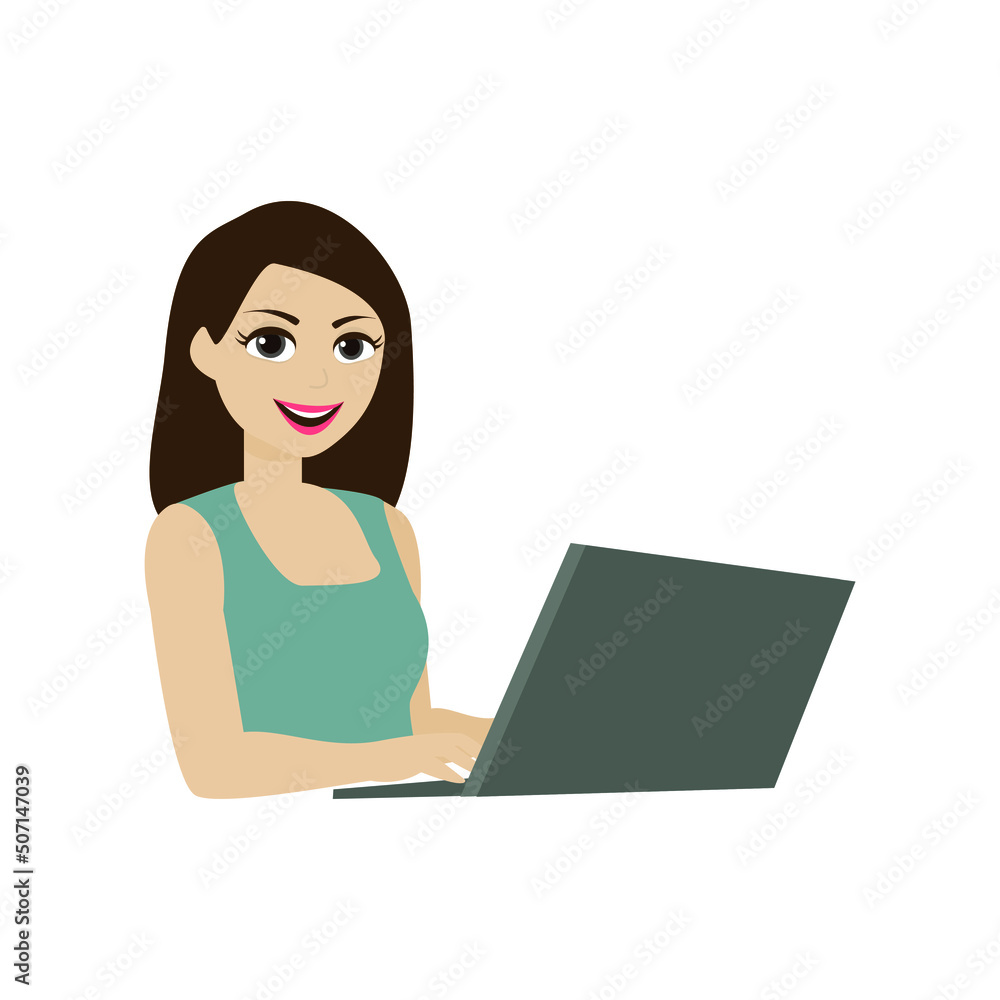 Illustration of a woman using a personal compute. Young woman is working at her laptop. Online shopping, using social media, working or learning via internet concept. Simple flat vector illustration
Illustration of a woman using a personal compute. Young woman is working at her laptop. Online shopping, using social media, working or learning via internet concept. Simple flat vector illustration