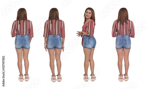 back view of a group of various poses of the same woman with sneaker and shorts white background