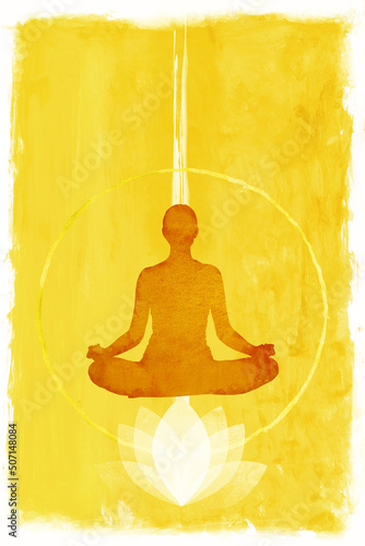 Yoga practice woman in lotus position silhouette. Polygonal yoga relaxation exercise wellness class.Dark blue night chakra points. Buddhism esoteric Kundalini energy illustration