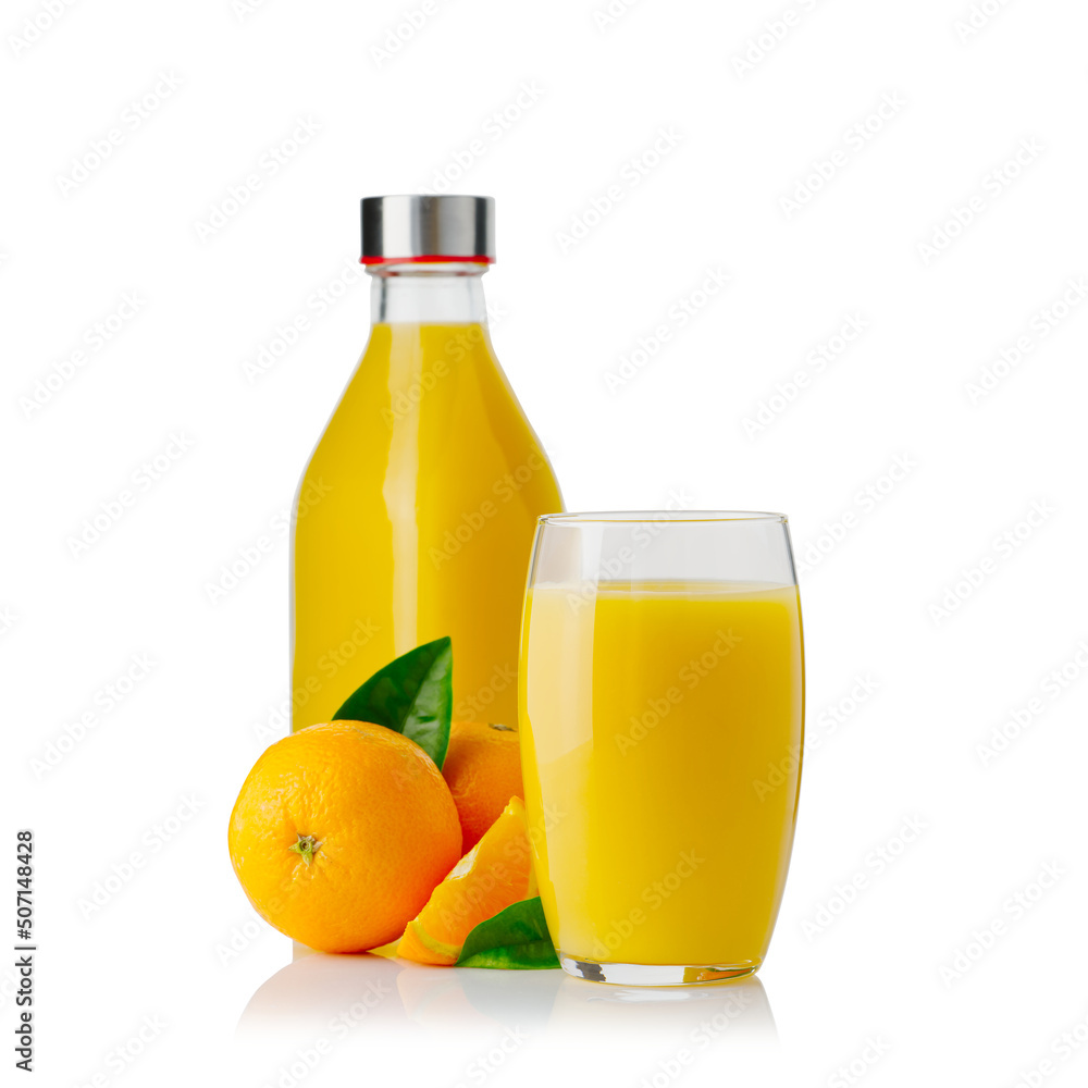 Glass of orange juice and orange juice bottles. Glass and bottle of organic tropical juice Glass of orange juice and orange juice bottles. Glass and bottle of organic tropical juice
