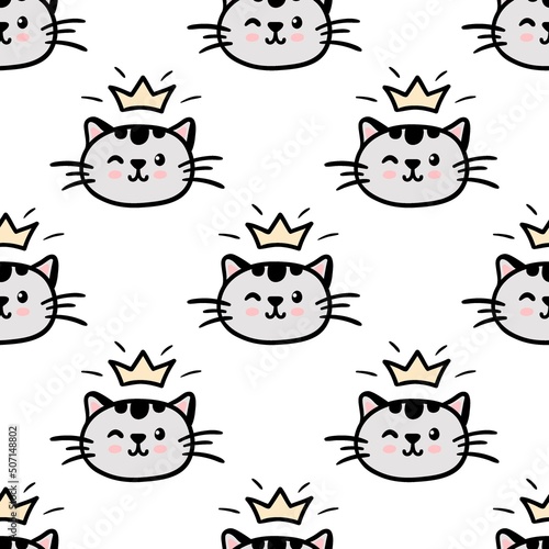 Black cat seamless pattern. Meow and cat paws background vector illustration. Cute cartoon pastel character for nursery girl baby print.