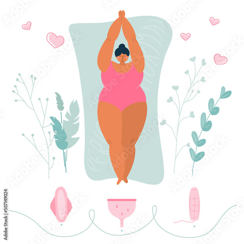 Menstrual period is NORMAL. Young girls or woman wich choice hygienic device pads, menstrual cup and tampon. Body positive vector illustrations woman and menstrual cycle, PMS and blood is NORMAL