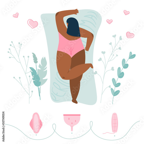 Young girls or woman wich choice hygienic device pads, menstrual cup and tampon. Body positive vector illustrations woman and menstrual period cycle, PMS and blood is NORMAL