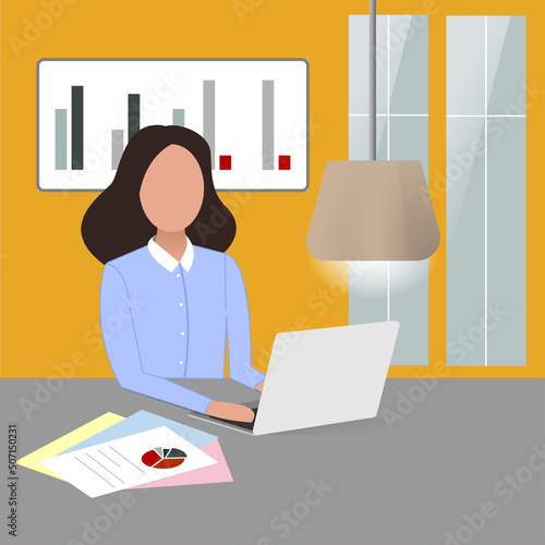 Person working on a laptop. Girl analyze report graph and investment plan. Manager are examining calculations and statistical indicators on workplace. Papers, documents and laptop on work table.