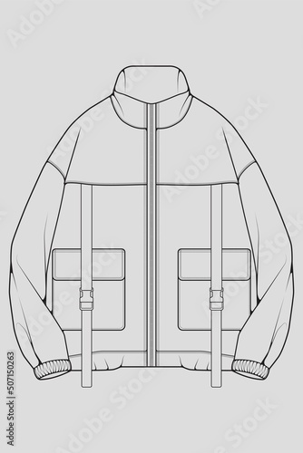 Windbreaker jacket technical fashion illustration sketch, long sleeves, welt pockets. template front sketch jacket, with grey color background. Women, men, unisex.
