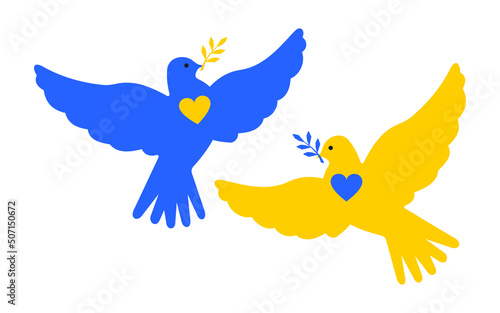 A pair of cute yellow and blue peace doves with a twig in their beak and a heart on their chest. Birds in support of peace in Ukraine. Vector.