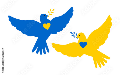 A pair of cute yellow and blue peace doves with a twig in their beak and a heart on their chest. Birds in support of peace in Ukraine. 