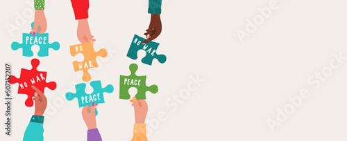 Group communication of multi-ethnic and multicultural men and women. Raised hands holding puzzles with text no war, peace. Racial equality. People diversity. Different culture countries. Community. 